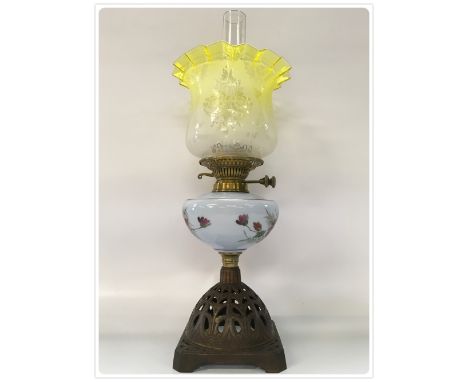 DUPLEX OIL LAMP, UNUSUAL CAST BASE, HAND PAINTED FONT, TINTED ORIGINAL TULIP SHADE (In-house packing unavailable for this lot