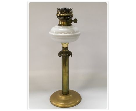 DUPLEX OIL LAMP, CAST BASE, BRASS STEM, OPAL GLASS MOULDED FONT, CIRCA 1920'S (In-house packing unavailable for this lot) 