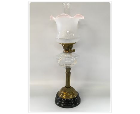 DUPLEX OIL LAMP, CHINA BASE, BRASS CAP AND STEM, MOULDED AND FLUTED GLASS FONT, DUPLEX BURNER, MODERN SHADE (In-house packing