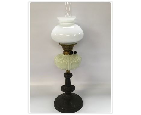 DUPLEX OIL LAMP DECORATIVE CAST BASE AND STEM, DATED 1880, CREAM GLASS FONT, OPAL GLASS SHADE (In-house packing unavailable f