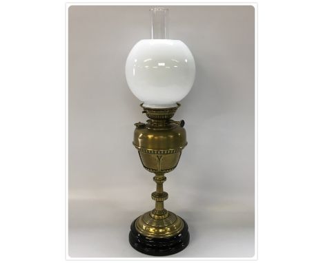 CENTRAL DRAUGHT OIL LAMP, CHINA BASE, BRASS COLUMN AND FONT MODERN OPAL GLASS SHADE, CIRCA 1930'S (In-house packing unavailab