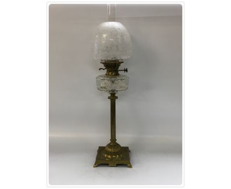 AN ORIGINAL HINKS OIL LAMP WITH BRASS BASE AND COLUMN, CUT GLASS FONT, DUPLEX BURNER AND OLD SHADE WITH APPLIED DECORATION (I
