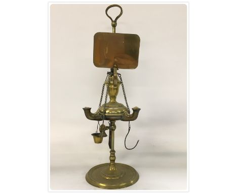 LATE 18TH/EARLY 19TH CENTURY TREE SPOUT VEGETABLE OIL LAMP, WITH FULL TOOL KIT, BRASS WITH REPRODUCTION SHADE