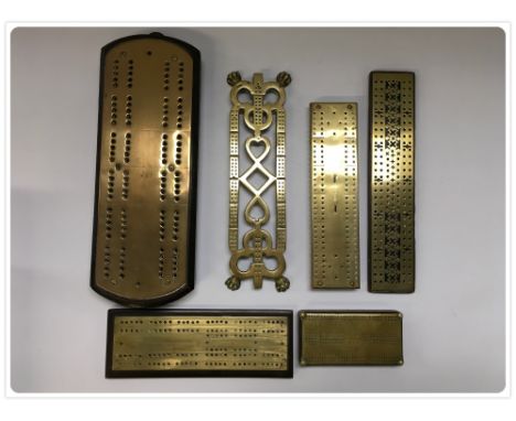 SIX ANTIQUE BRASS HANDMADE CRIBBAGE BOARDS