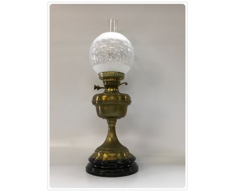 DUPLEX LAMP, POTTERY BASE BRASS CUP STEM AND FONT, MODERN ETCHED SHADE (In-house packing unavailable for this lot) 