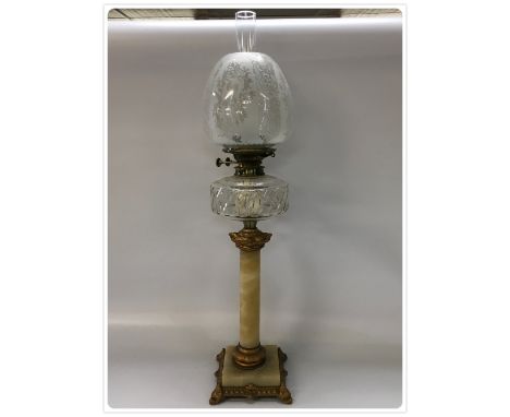 DUPLEX OIL LAMP, GILDED FEET AND DECORATION, MARBLE BASE AND STEM, OLD ETCHED SHADE (In-house packing unavailable for this lo