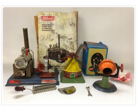 VINTAGE 'WILESCO' STEAM ENGINE WITH INSTRUCTIONS AND ACCESSORIES TOGETHER WITH A 'WILESCO' WINDMILL, CEMENT MIXER AND COLOUR 