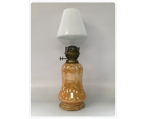 VICTORIAN CHINA OIL LAMP, UNUSUAL SHADE AND COLOUR DUPLEX BURNER (In-house packing unavailable for this lot) 