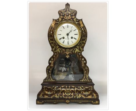 A ROSEWOOD CLOCK BY 'HENRI MARC' OF PARIS ELEGANT CASE WITH PENDULUM WINDOW, QUALITY MARQUETRY INLAYS OF BRASS, MOTHER OF PEA