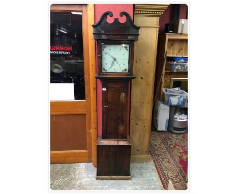 A SMALL FORM OAK LONGCASE 30 HOUR CLOCK (GRANDMOTHER) SQUARE PAINTED DIAL WITH 24 HOUR APERTURE 