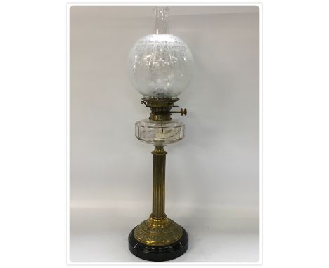 DUPLEX OIL LAMP, CHINA BASE, BRASS CAP AND STEM. CUT GLASS FONT. QUALITY HINKS BURNER, OLD ETCHED GLASS SHADE (In-house packi