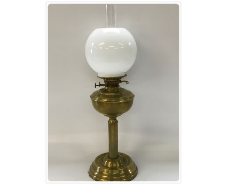 BRASS DUPLEX OIL LAMP, MODERN OPAL GLASS SHADE, CIRCA 1920-1930 (In-house packing unavailable for this lot) 