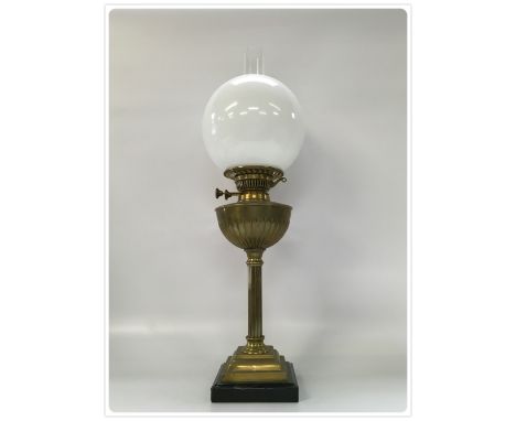UNUSUAL DUPLEX OIL LAMP, SQUARE POTTERY BASE, BRASS STEM AND FONT, BRASS RING IN TOP OF SHADE 1920'S (In-house packing unavai