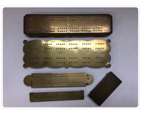 FIVE ANTIQUE BRASS HANDMADE CRIBBAGE BOARDS 