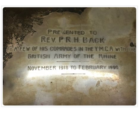 SILVER WINE COASTER WITH TURNED WOODEN BASE, 12.5 CM LONDON 1965 ALONG WITH A GLASS PRESENTATION BOX 'PRESENTED TO REV. PRH B