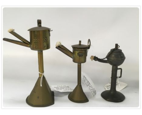TWO BRASS LATE 18TH CENTURY SPOUT LAMPS ALONG WITH A SMALL PEWTER SPOUT LAMP POSSIBLY FROM A  WRITING BOX (In-house packing u