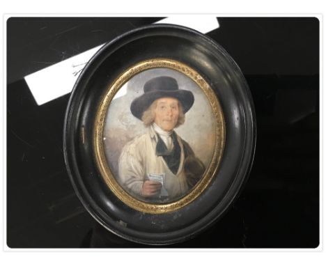 A 19TH CENTURY MINIATURE OVAL PORTRAIT OF MR. CALDOWAY TOWN CRYER OF FAREHAM PAINTED BY STEPHEN TAYLOR 1803, 7.5 CM X 6 CM   