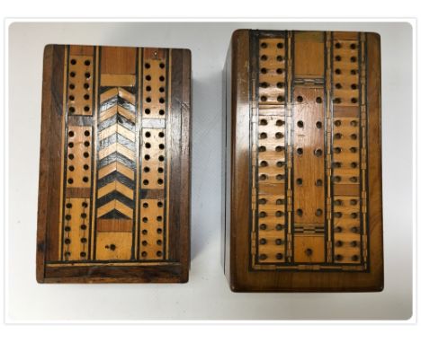 TWO FOLDING CRIBBAGE BOXES INLAID WITH ROSEWOOD AND BOXWOOD PANELS 