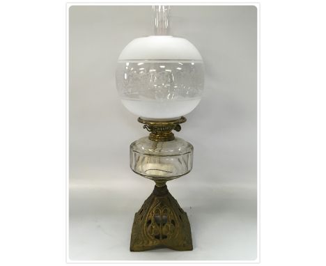 DUPLEX OIL LAMP, CUT GLASS FONT, CAST BASE, REG. NO. 1907 (In-house packing unavailable for this lot) 