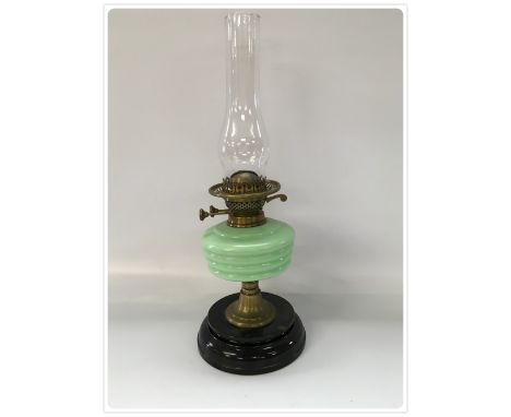 1930 DUPLEX OIL LAMP, CHINA BASE, BRASS STEM MOULDED GLASS FONT (In-house packing unavailable for this lot) 