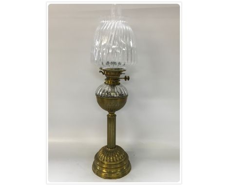 DUPLEX OIL LAMP, FLUTED BRASS BASE, REEDED BRASS COLUMN, BRASS CUP, CUT GLASS DROP IN FONT WITH FLUTED GLASS SHADE (In-house 