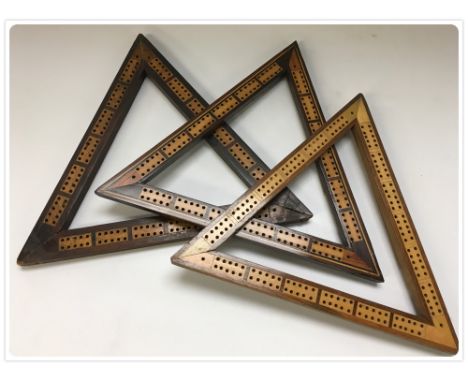 THREE WOODEN TRIANGULAR CRIBBAGE BOARDS 