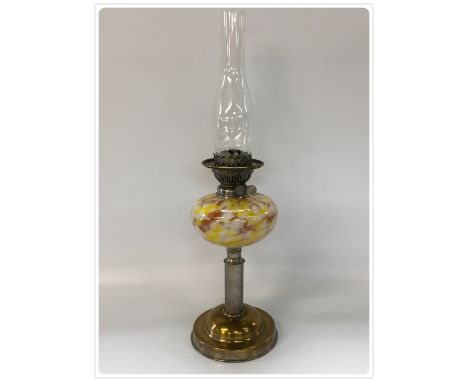 BRASS STEM DUPLEX OIL LAMP, MOULDED GLASS FONT, CIRCA 1950 (In-house packing unavailable for this lot) 