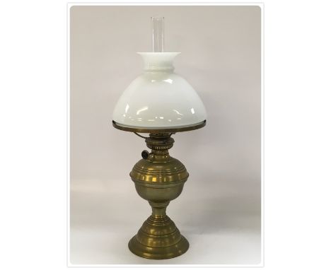 BRASS OIL LAMP WITH 10 LINE COSMOS BURNER, OPAL GLASS SHADE (In-house packing unavailable for this lot) 