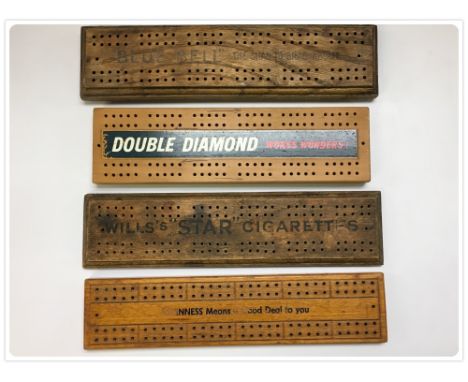 FOUR ADVERTISING CRIBBAGE BOARDS TO INCLUDE GUINNESS, WILLS 'STAR', BLUE BELL ' THE SHAG TO BRAG ABOUT' AND DOUBLE DIAMOND 