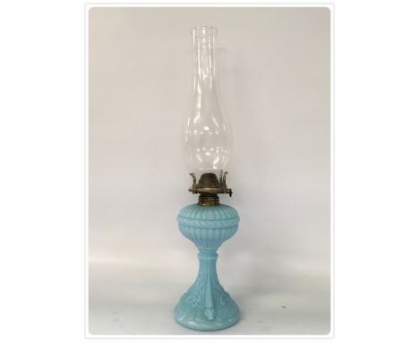 HALF INCH SLIP WICK OIL LAMP IN MOULDED BLUE GLASS (In-house packing unavailable for this lot) 