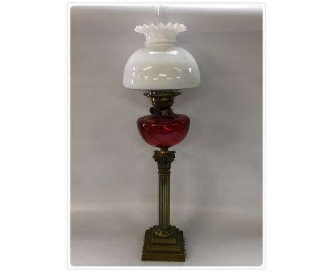 DUPLEX OIL LAMP, SQUARE BRASS BASE, BRASS CORINTHIAN COLUMN, CRANBERRY GLASS FONT, OLD OPAL GLASS DOME SHADE (In-house packin