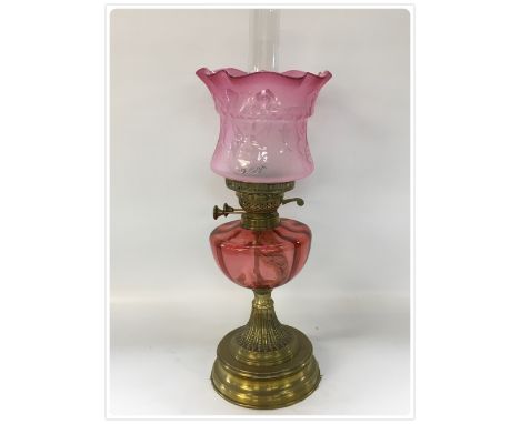 DUPLEX OIL LAMP, BRASS BASE AND STEM, CRANBERRY GLASS FONT, LIGHT CRANBERRY ETCHED SHADE (In-house packing unavailable for th