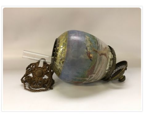 A HANGING VEGETABLE OIL LAMP WITH SIX LINE COSMOS BURNER, HAND PAINTED SHADE. (In-house packing unavailable for this lot) 