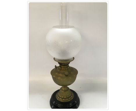 THEODORE CENTRAL DRAUGHT OIL LAMP, POTTERY BASE, BRASS CUP STEM AND FONT, ETCHED SHADE (In-house packing unavailable for this