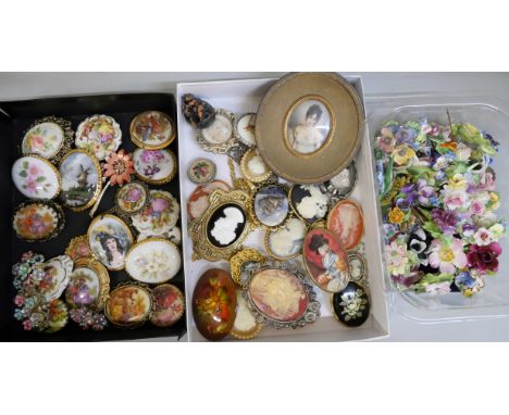 A collection of ceramic floral brooches and other plaque brooches, cameos, etc. and a portrait miniature
