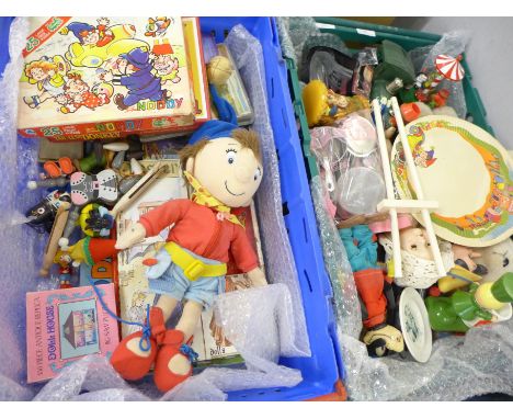 Vintage toys including a Noddy soft toy and games, Turboplan 32 model plane, C of E The Penny-a-Week box, Snoopy biplane, tin