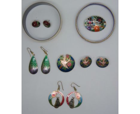 A vintage cloissone bangle, a Michaela Frey enamel bangle and other cloissone jewellery