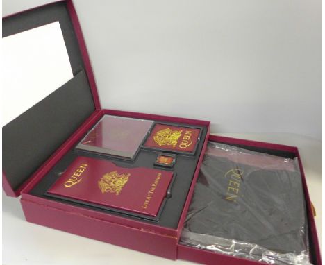 A Queen Box of Tricks presentation box including LP, video, patch badge, t-shirt, poster, etc., handle a/f
