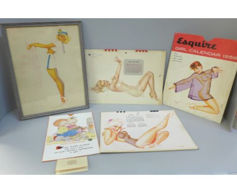 A set of vintage calendars; Esquire Girl 1956, Esquire Girl 1947, Mabel Lucie Attwell 1957 and a frame print of Pin Up Girl '