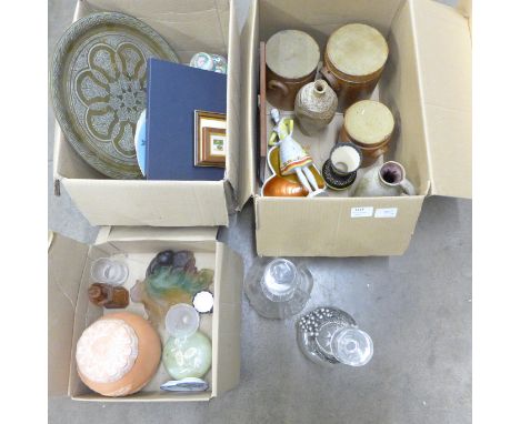 Three boxes of china, glass and other items, mainly European, including two Limoges plates, a French decanter, a Quimper vase