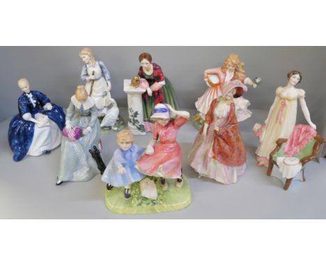 Eight Royal Doulton figures including Paisley Shawl, a/f, Dorothy, Daddy's Joy, Milestone, limited edition The Goose Girl no.