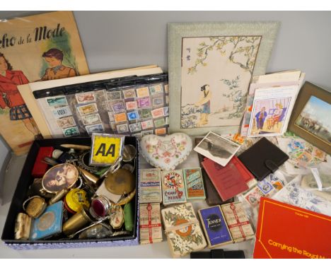 Two boxes of assorted items, Crown, AA badge, corkscrew, cigarette cards, sweetheart cushion, etc.