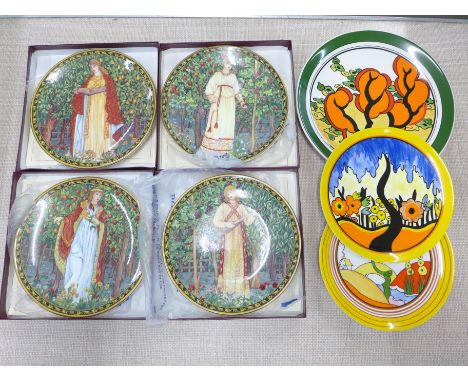 Three modern limited edition Clarice Cliff Bizarre plates and four Past Times Pre-Raphaelite plates, boxed