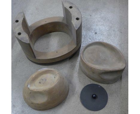 Three vintage wooden hat lasts, two vintage wooden hat block crown moulds with wooden brim block shaper, size details stamped
