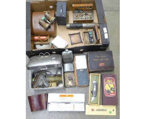 A vintage travelling picnic set, a pairs of Crown 10x50 binoculars, opera glasses, box camera, two boxes of weights and Lagui