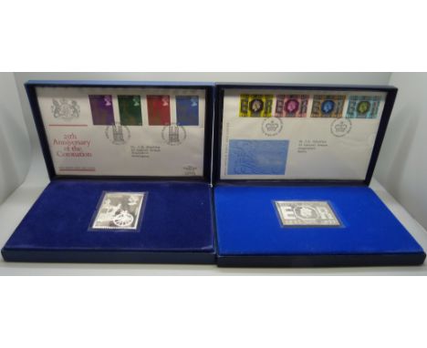 Two Danbury Mint Commemorative stamp silver proof ingots - The 25th Anniversary of The Coronation, and The Post Office Commem