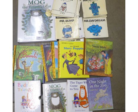 A collection of children's books including 1970's Mr Men books, Walt Disney, Bedtime Tales and Mog the Forgetful Cat (sealed)