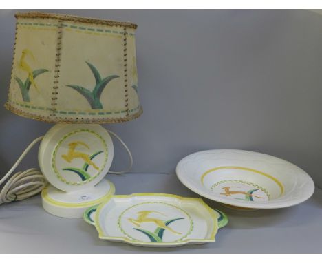 An Art Deco large bowl, lamp with shade and dish with antelope design **PLEASE NOTE THIS LOT IS NOT ELIGIBLE FOR IN-HOUSE POS