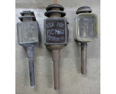Three vintage coach lamps including one with advertising - Ask For Victory Chlorodyne **PLEASE NOTE THIS LOT IS NOT ELIGIBLE 