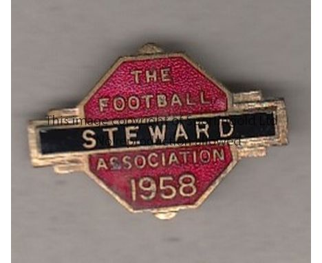 FA 1958   Football Association metal and enamel pin badge, "Steward" 1958, red with black banner and gilt inscription.  Good